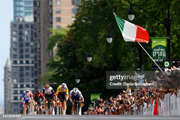 General view of Tadej Pogacar of Slovenia and UAE Team Emirates, Wout Van Aert of Belgium and Team Jumbo - Visma, Andrea Bagioli of Italy and Team...