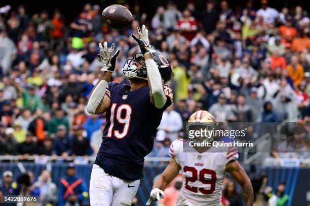 Equanimeous St. Brown of the Chicago Bears catches the football for a touchdown in the third quarter against Talanoa Hufanga of the San Francisco...
