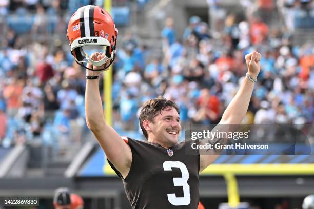 Cade York of the Cleveland Browns celebrates after making a 58-yard go-ahead field goal during the fourth quarter against the Carolina Panthers at...
