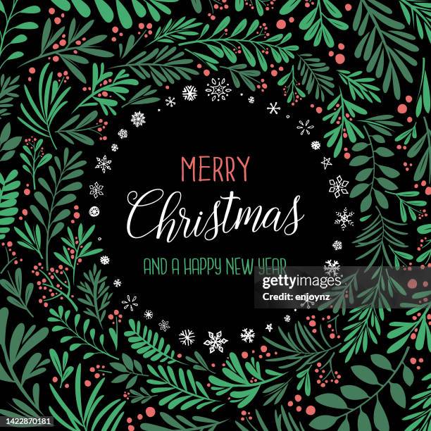 merry christmas red and green floral frame vector illustration - circle snowflake pattern stock illustrations