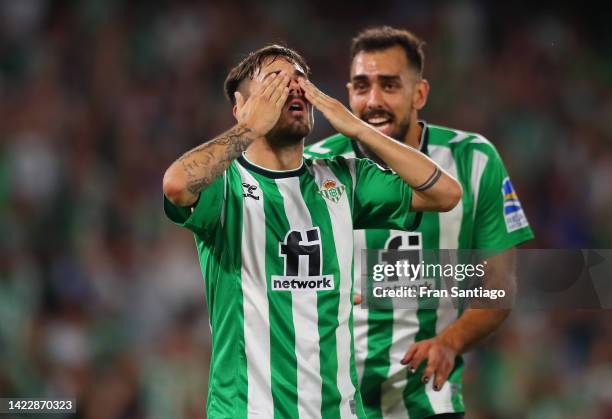 Rodri of Real Betis celebrates after scoring their team's first goal during the LaLiga Santander match between Real Betis and Villarreal CF at...