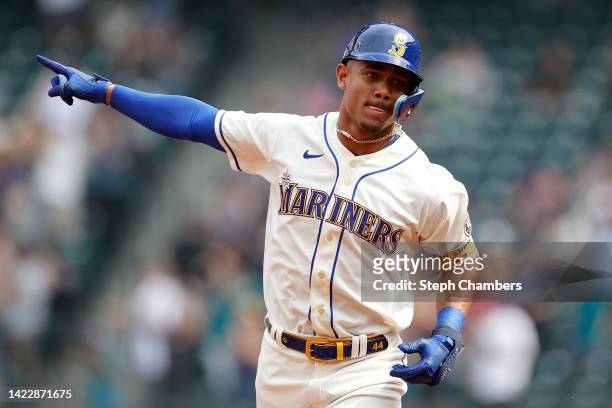 Julio Rodriguez of the Seattle Mariners reacts after his home run against the Atlanta Braves during the first inning at T-Mobile Park on September...