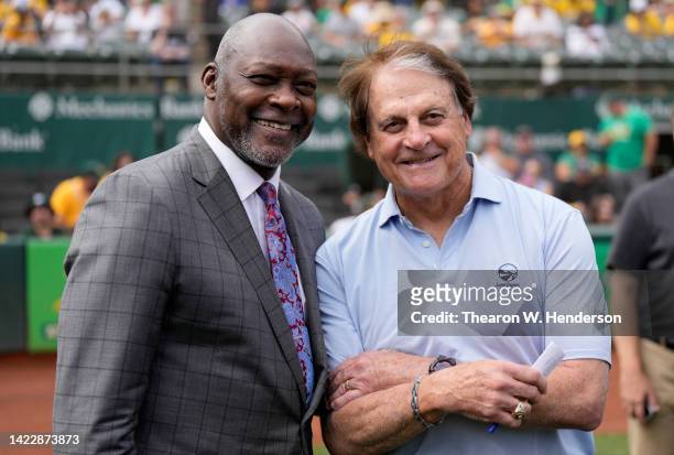 Former Oakland Athletics pitcher Dave Stewart and Tony La Russa, former manager of the Athletics and current manager of the Chicago White Sox, pose...