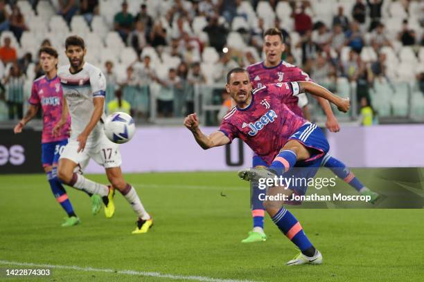 Leonardo Bonucci of Juventus scores their team's second goal during the Serie A match between Juventus and Salernitana at on September 11, 2022 in...