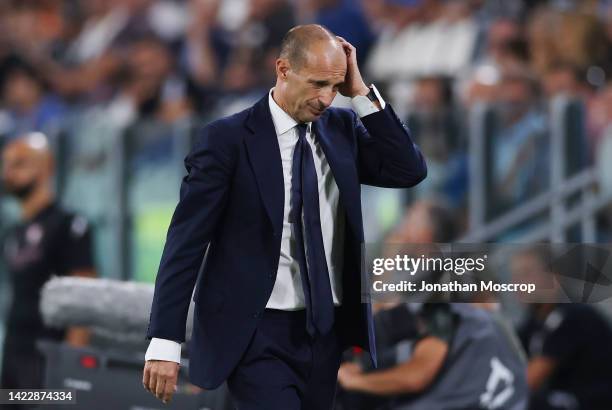 Massimiliano Allegri, Head Coach of Juventus reacts during the Serie A match between Juventus and Salernitana at on September 11, 2022 in Turin,...