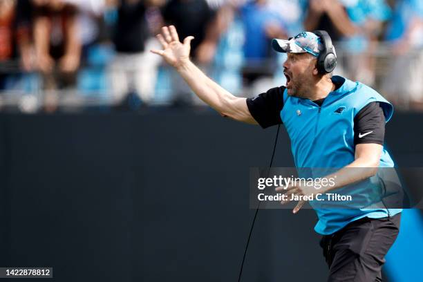 Head coach Matt Rhule of the Carolina Panthers reacts following a call during the fourth quarter of their game against the Cleveland Browns at Bank...