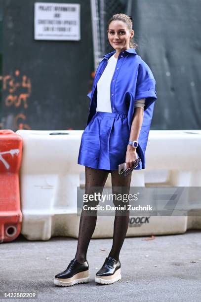 Olivia Palermo is seen wearing a blue Tibi outfit outside the Tibi show during New York Fashion Week S/S 2023 on September 10, 2022 in New York City.
