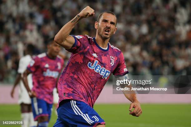 Leonardo Bonucci of Juventus celebrates after scoring their team's second goal during the Serie A match between Juventus and Salernitana at on...