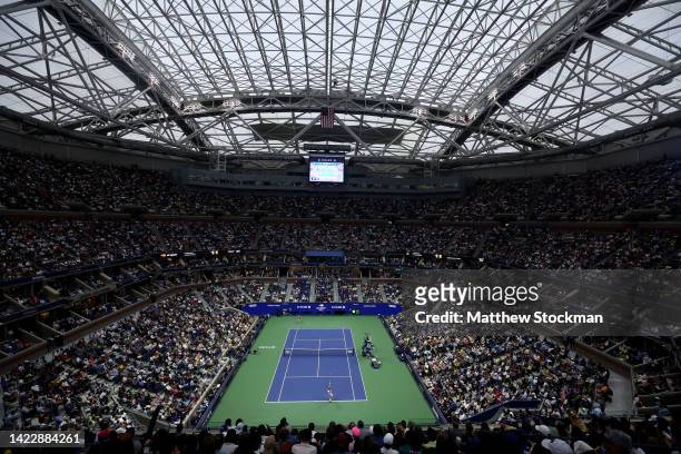 General view of the court during the Men’s Singles Final match between Casper Ruud of Norway and Carlos Alcaraz of Spain on Day Fourteen of the 2022...