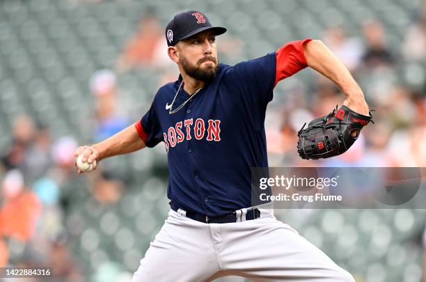 Matt Barnes of the Boston Red Sox pitches in the ninth inning against the Baltimore Orioles at Oriole Park at Camden Yards on September 11, 2022 in...