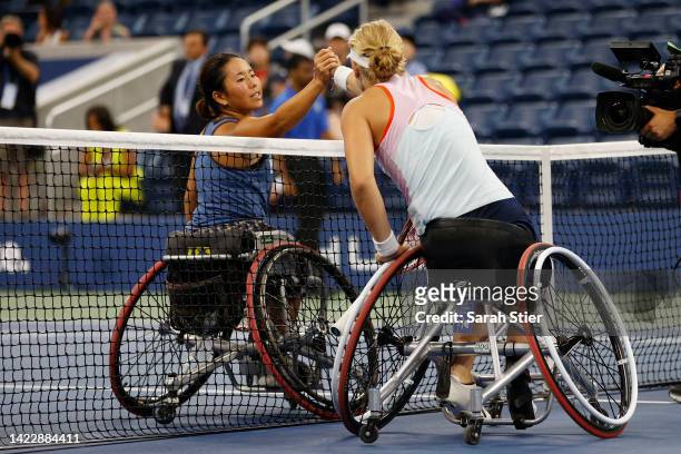 Diede De Groot of the Netherlands shakes hands after defeating Yui Kamiji of Japan during their Women’s Wheelchair Singles Final match on Day...