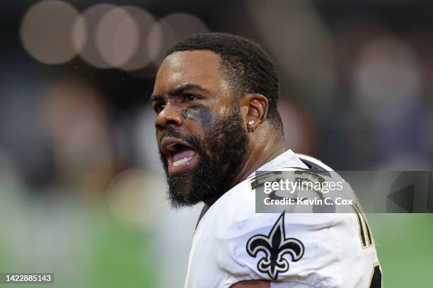 Mark Ingram II of the New Orleans Saints reacts during the game against the Atlanta Falcons at Mercedes-Benz Stadium on September 11, 2022 in...