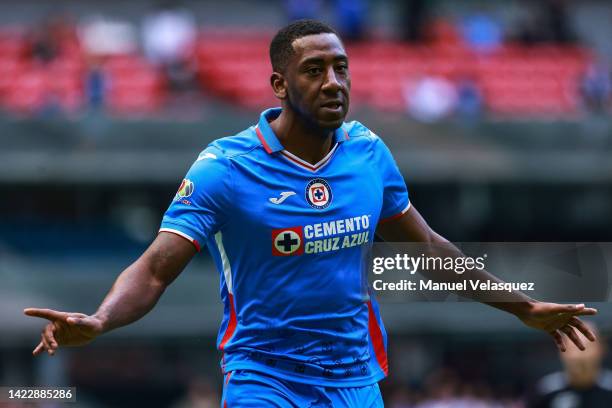 Gonzalo Carneiro of Cruz Azul celebrates after scoring his team's first goal during the 14th round match between Cruz Azul and Mazatlan as part of...