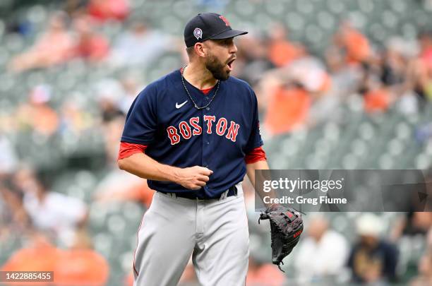 Matt Barnes of the Boston Red Sox celebrates after a 1-0 victory against the Baltimore Orioles at Oriole Park at Camden Yards on September 11, 2022...