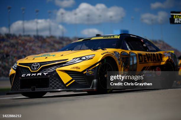 Christopher Bell, driver of the DeWalt Toyota, exits pit road during the NASCAR Cup Series Hollywood Casino 400 at Kansas Speedway on September 11,...