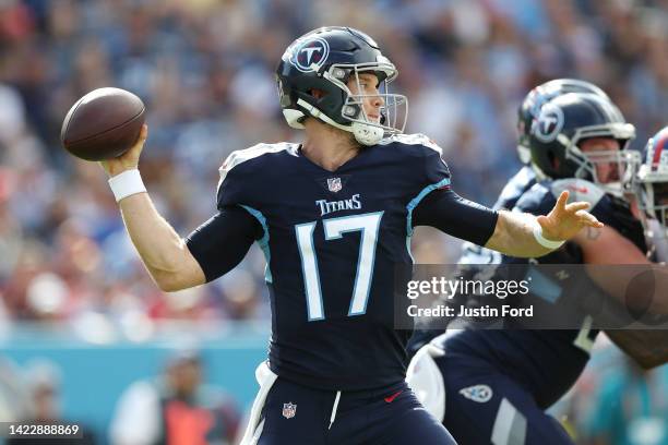 Quarterback Ryan Tannehill of the Tennessee Titans attempts a pass during the first half against the New York Giants at Nissan Stadium on September...