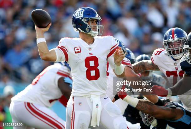 Quarterback Daniel Jones of the New York Giants attempts a pass during the first half against the Tennessee Titans at Nissan Stadium on September 11,...