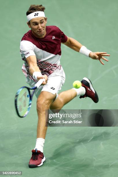 Casper Ruud of Norway returns a shot against Carlos Alcaraz of Spain during their Men’s Singles Final match on Day Fourteen of the 2022 US Open at...