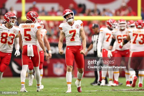 Place kicker Harrison Butker of the Kansas City Chiefs reacts after kicking a 54 yard field goal during the first half of the game against the...