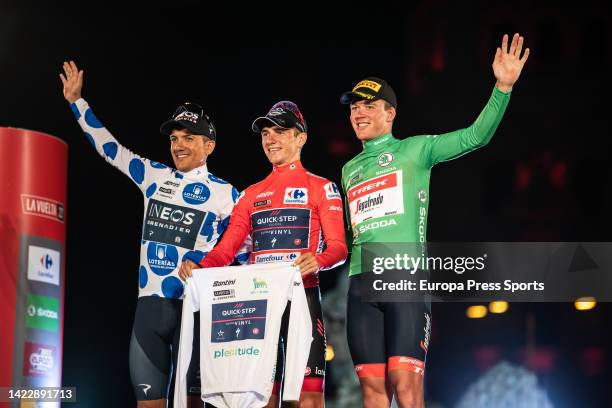 The winners of maillots in La Vuelta 2022 celebrate the podio during the 77th Tour of Spain 2022, Stage 21 a 96,7km stage from Las Rozas to Madrid /...