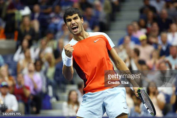 Carlos Alcaraz of Spain celebrates a point against Casper Ruud of Norway during their Men’s Singles Final match on Day Fourteen of the 2022 US Open...