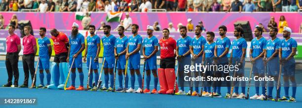 India lines up for their national anthem before the Men's Hockey final on day eleven of the Birmingham 2022 Commonwealth Games at Birmingham...