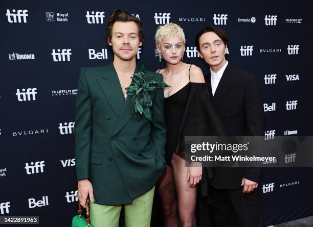 Harry Styles, Emma Corrin and David Dawson attend the "My Policeman" Premiere during the 2022 Toronto International Film Festival at Princess of...