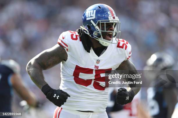 Linebacker Jihad Ward of the New York Giants yells during the first half against the Tennessee Titans at Nissan Stadium on September 11, 2022 in...