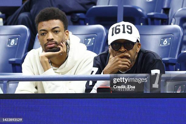 Jackson Lee and Director Spike Lee look on during the Men's Singles Final match between Casper Ruud of Norway and Carlos Alcaraz of Spain on Day...