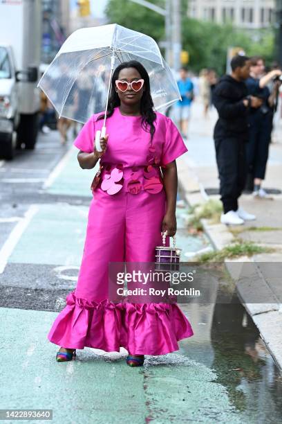 View of street styleduring NYFW: The Shows 2022 at Spring Studios on September 11, 2022 in New York City.