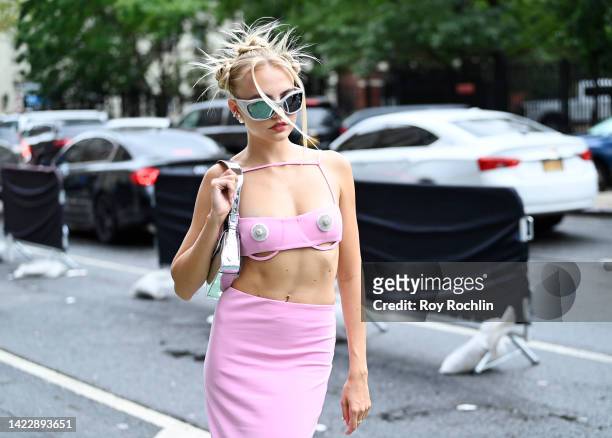 View of street styleduring NYFW: The Shows 2022 at Spring Studios on September 11, 2022 in New York City.