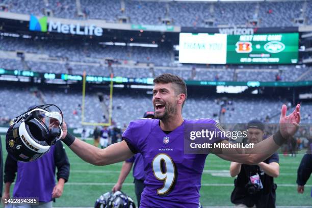 Kicker Justin Tucker of the Baltimore Ravens celebrates on the field after defeating the New York Jets 24-9 at MetLife Stadium on September 11, 2022...