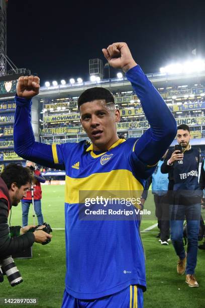 Marcos Rojo of Boca Juniors celebrates after winning a match between Boca Juniors and River Plate as part of Liga Profesional 2022 at Estadio Alberto...