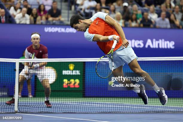 Carlos Alcaraz of Spain returns a shot against Casper Ruud of Norway during their Men’s Singles Final match on Day Fourteen of the 2022 US Open at...