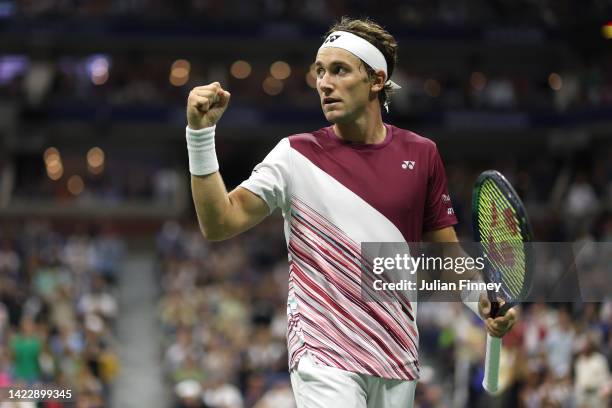 Casper Ruud of Norway celebrates a point against Carlos Alcaraz of Spain during their Men’s Singles Final match on Day Fourteen of the 2022 US Open...