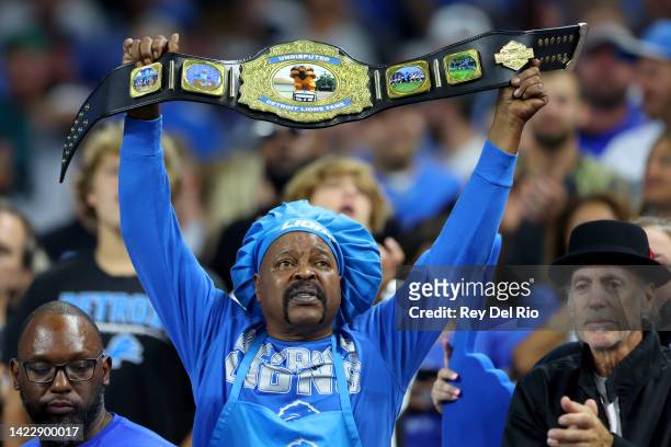 Detail of a Detroit Lions fan during the game between the Philadelphia Eagles and the Detroit Lions at Ford Field on September 11, 2022 in Detroit,...