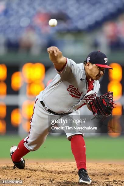 Erasmo Ramirez of the Washington Nationals pitches during the fifth inning against the Philadelphia Phillies at Citizens Bank Park on September 11,...