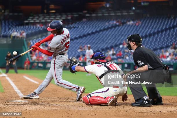 Abrams of the Washington Nationals hits a single during the fifth inning against the Philadelphia Phillies at Citizens Bank Park on September 11,...