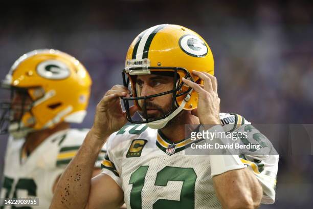 Green Bay Packers quarterback Aaron Rodgers looks on after throwing an interception during the second quarter of the game at U.S. Bank Stadium on...