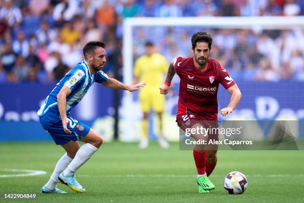 Francisco 'Isco' Alarcon of RCD Espanyol goes with the ball past Eduardo 'Edu' Exposito of RCD Espanyol during the LaLiga Santander match between RCD...