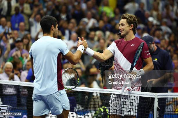 Carlos Alcaraz of Spain shakes hands after defeating Casper Ruud of Norway during their Men’s Singles Final match on Day Fourteen of the 2022 US Open...