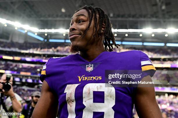 Justin Jefferson of the Minnesota Vikings celebrates on the field after defeating the Green Bay Packers 23-7 at U.S. Bank Stadium on September 11,...