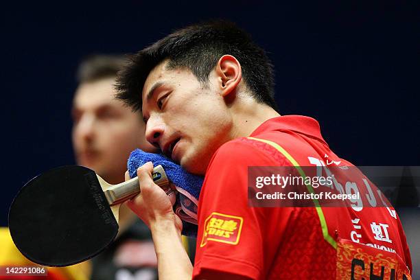 Zhang Jike of China during a break during his match against Timo Boll of Germany during the LIEBHERR table tennis team world cup 2012 championship...