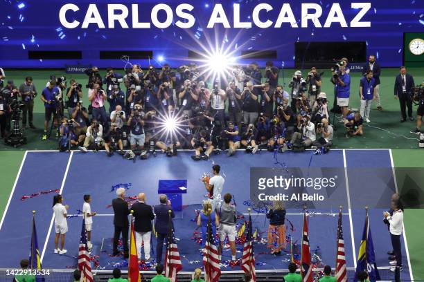 General view as Carlos Alcaraz of Spain celebrates with the championship trophy after defeating Casper Ruud of Norway during their Men’s Singles...