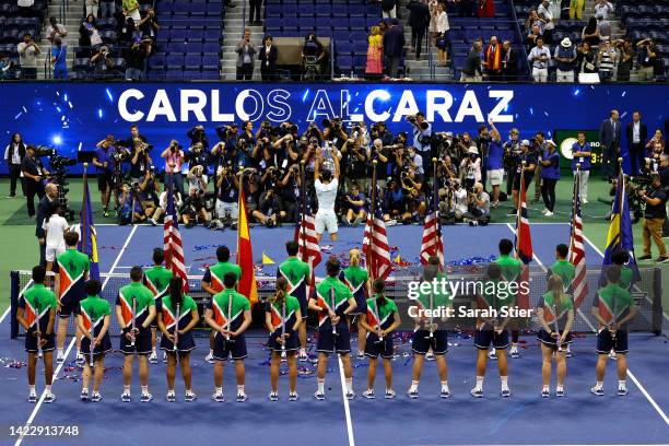 General view as Carlos Alcaraz of Spain celebrates with the championship trophy after defeating Casper Ruud of Norway during their Men’s Singles...