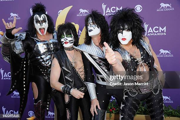 Musicians Gene Simmons, Eric Singer, Tommy Thayer and Paul Stanley of the rock band Kiss arrive at the 47th Annual Academy Of Country Music Awards...