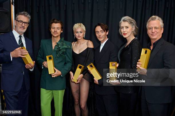 Rupert Everett, Harry Styles, Emma Corrin, David Dawson, Gina McKee, and Linus Roache, recipients of the TIFF Tribute Award for Performance for 'My...