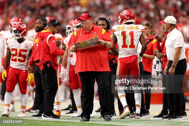 Head coach Andy Reid of the Kansas City Chiefs works the sidelines during the game against the Arizona Cardinals at State Farm Stadium on September...