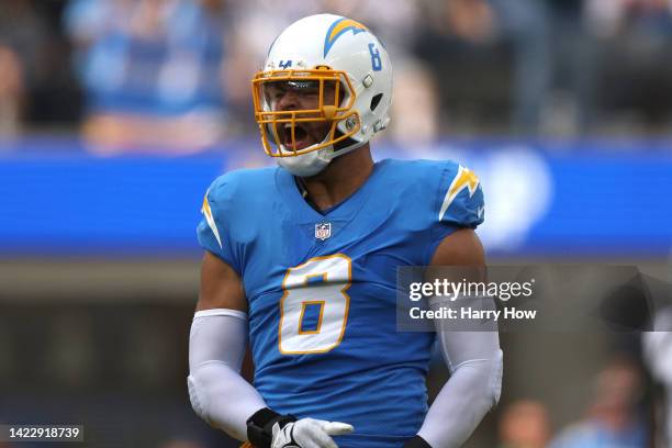 Kyle Van Noy of the Los Angeles Chargers celebrates after a catch during the second quarter against the Las Vegas Raiders at SoFi Stadium on...