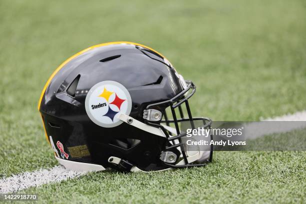 Pittsburgh Steelers helmet on the field during the game against the Cincinnati Bengals at Paycor Stadium on September 11, 2022 in Cincinnati, Ohio.